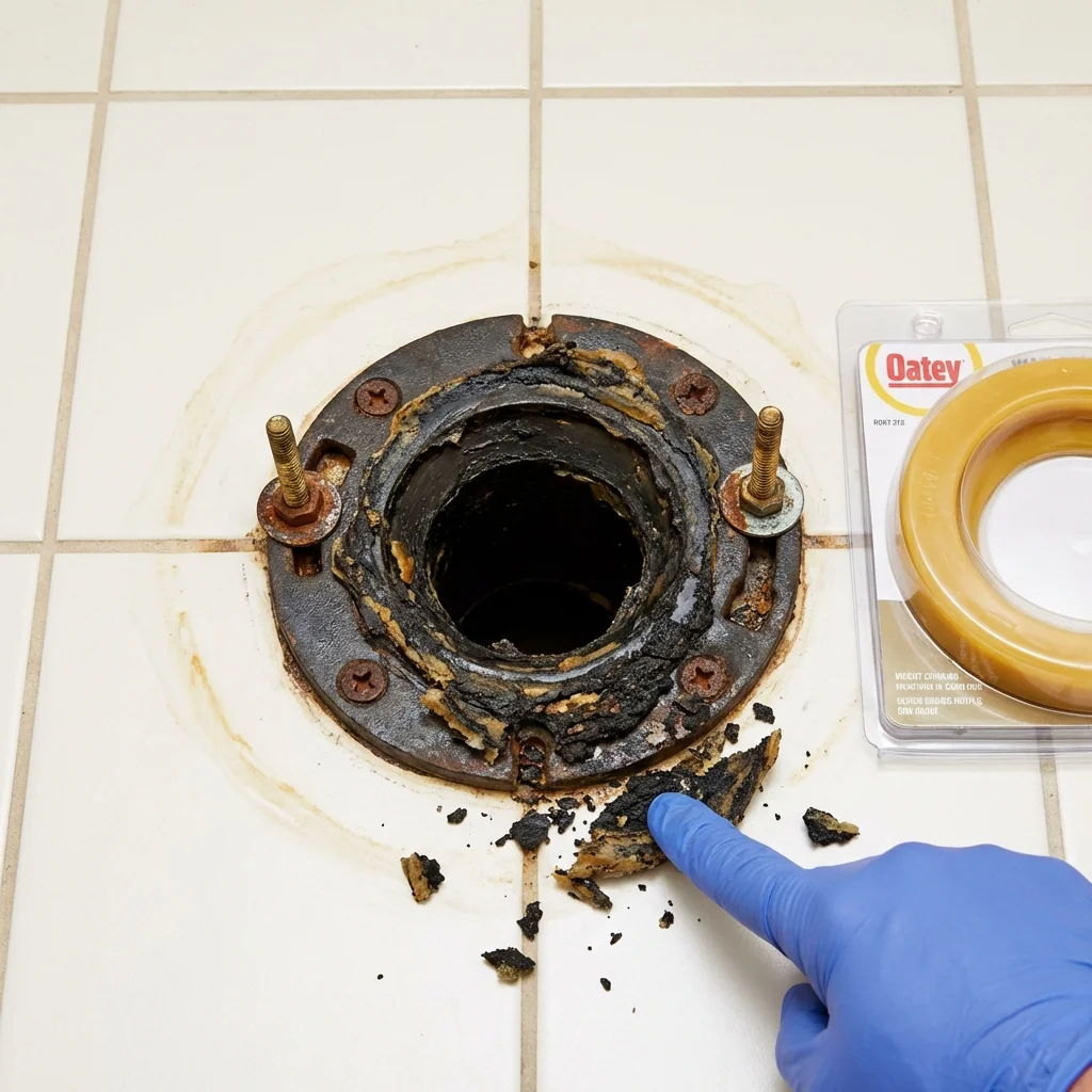 Failed wax ring showing water seepage at the base of a toilet in a Portsmouth, VA home